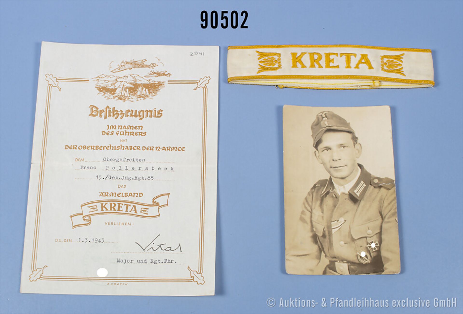 aus dem Nachlass eines Obergefreiten im Gebirgsjäger-Regiment 85, Ärmelband Kreta 1943, ...