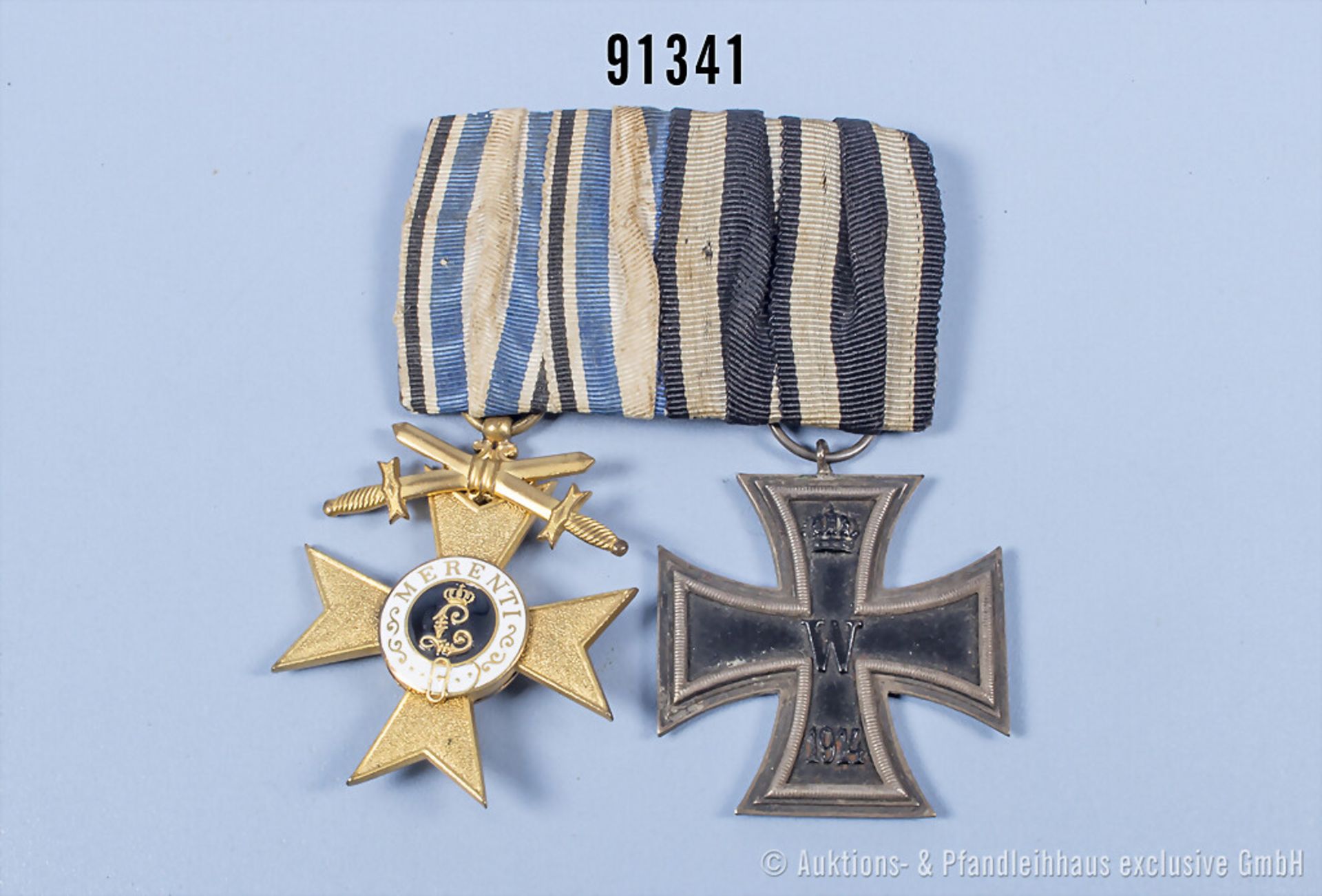 2er Ordenspange Bayern MVK 1. Klasse mit Schwertern und EK 2 1914, guter Zustand mit ...