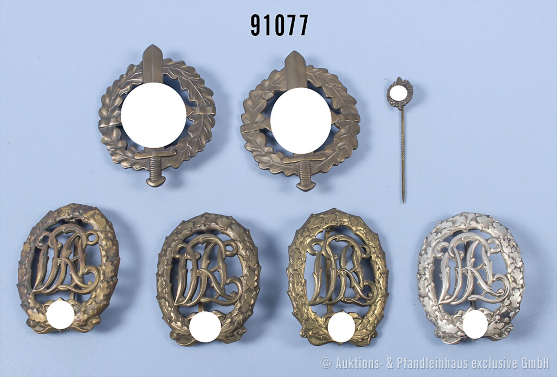 Konv. 4 DRL-Sportabzeichen und 2 SA-Sportabzeichen in Bronze, davon 1 x mit Miniatur, ...