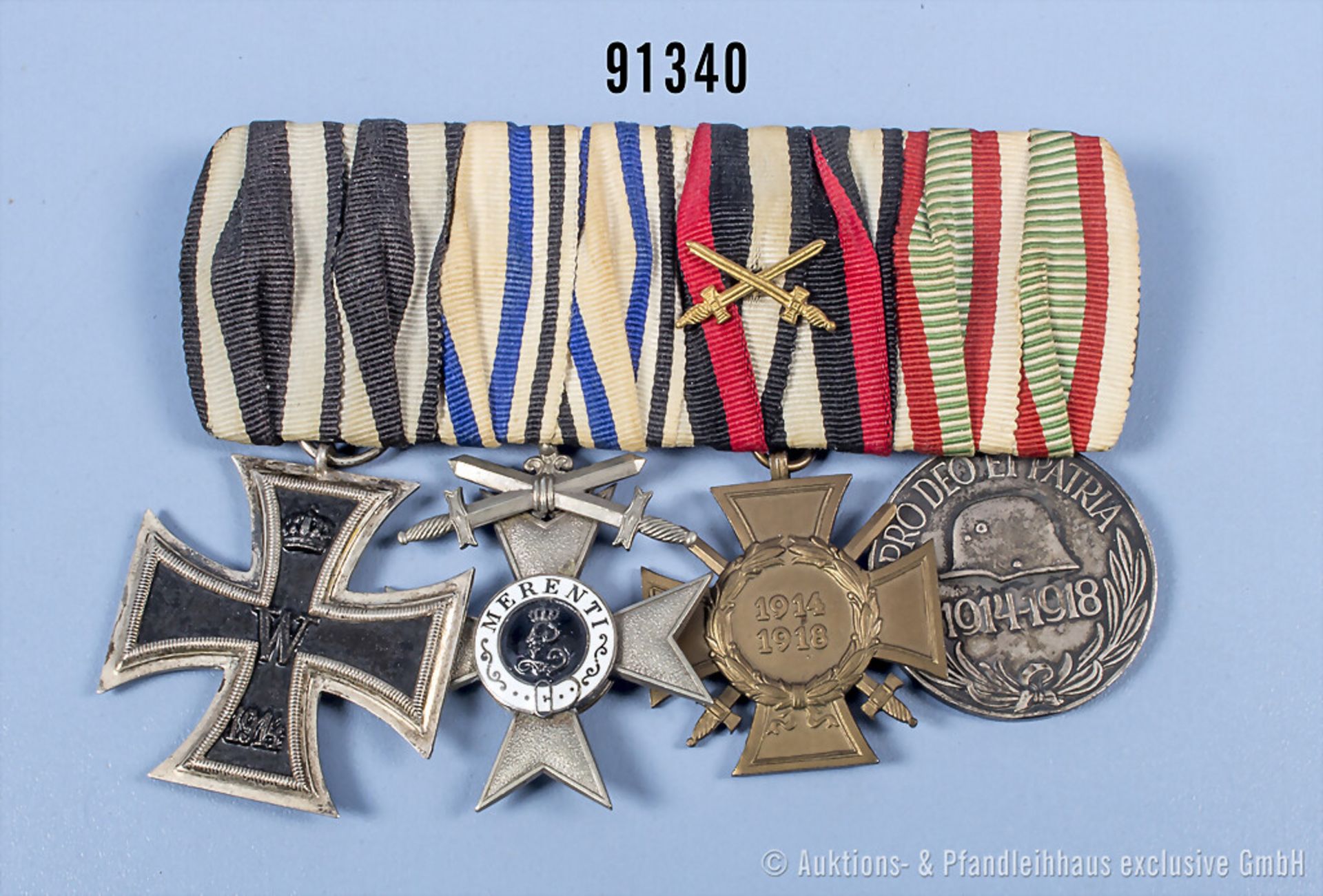 4er Ordenspange EK 2 1914, Bayern MVK 2. Klasse mit Schwertern, EKF und KDM Ungarn, ...