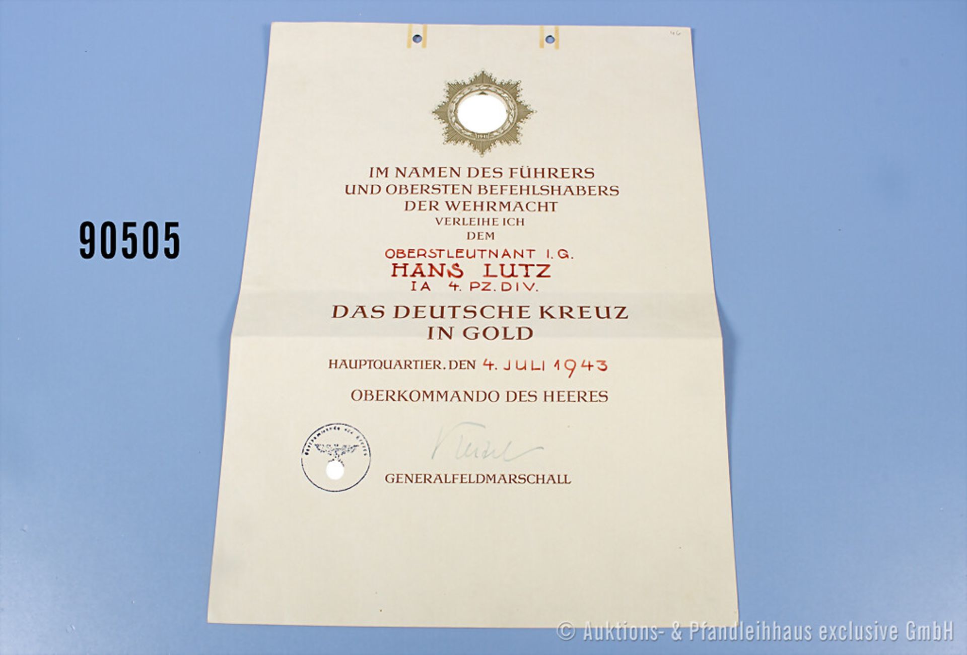 Große Verleihungsurkunde für das Deutsche Kreuz in Gold an Oberstleutnant I.G. Hans ...