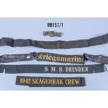 Konv. 4 Schiffswappen auf Holz, 4 Mützenbänder, davon 2 x Kriegsmarine, SMS Dresden und ...