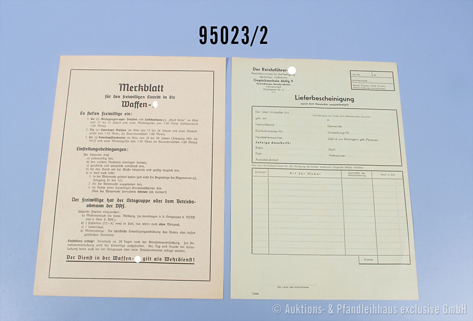 Konv. Dokumente und Vordrucke überwiegend SS und Waffen-SS, u.a. "Der Reichsführer SS ... - Bild 2 aus 3