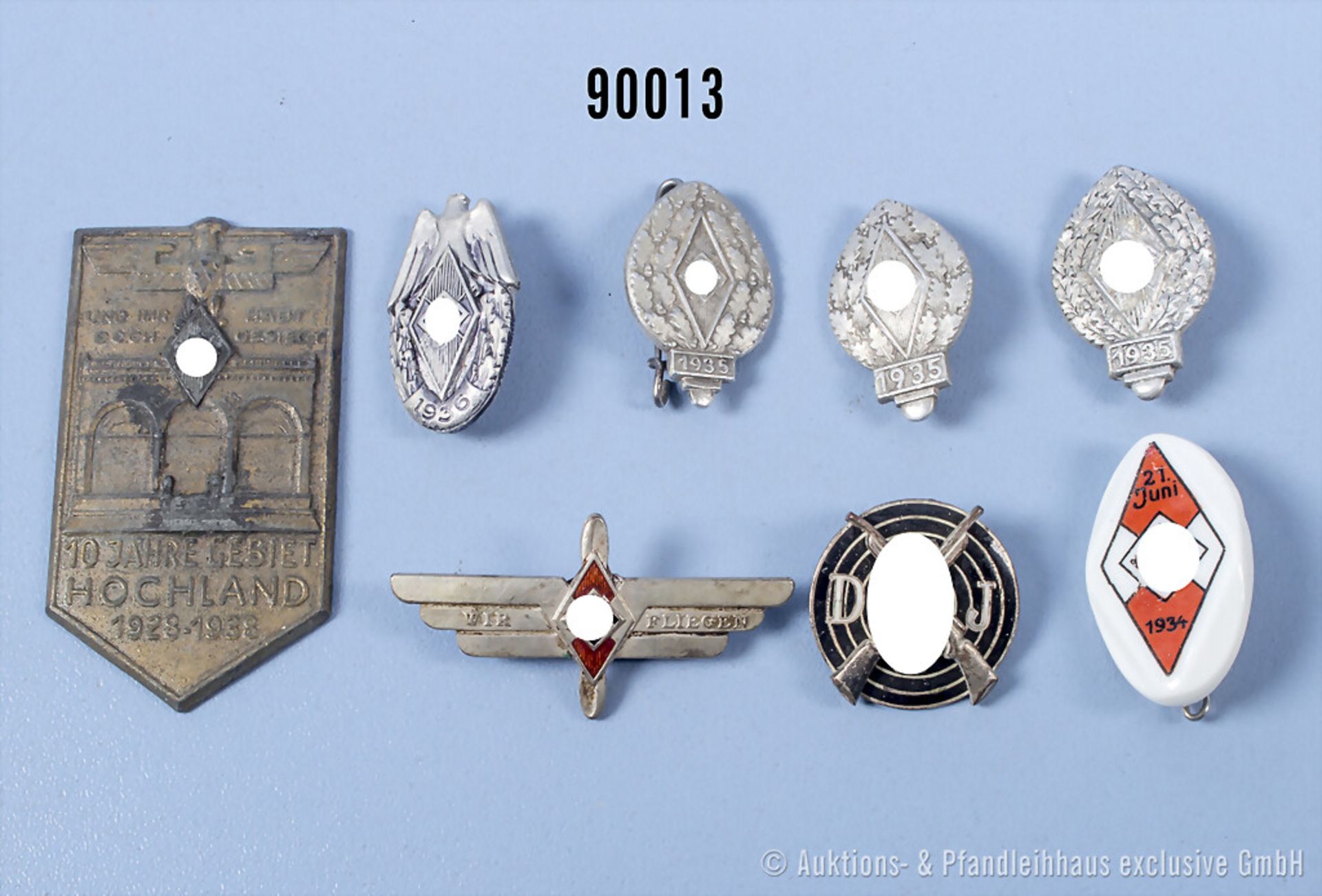 Konv. Hitlerjugend 5 Siegernadeln 1934, 3 x 1935 und 1936 sowie Plakette "10 Jahre ...