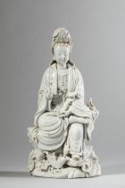 Le Boddhisattva Kwan yin assis à l'européenne un pied reposant sur une végétation aquatique, vêtu de