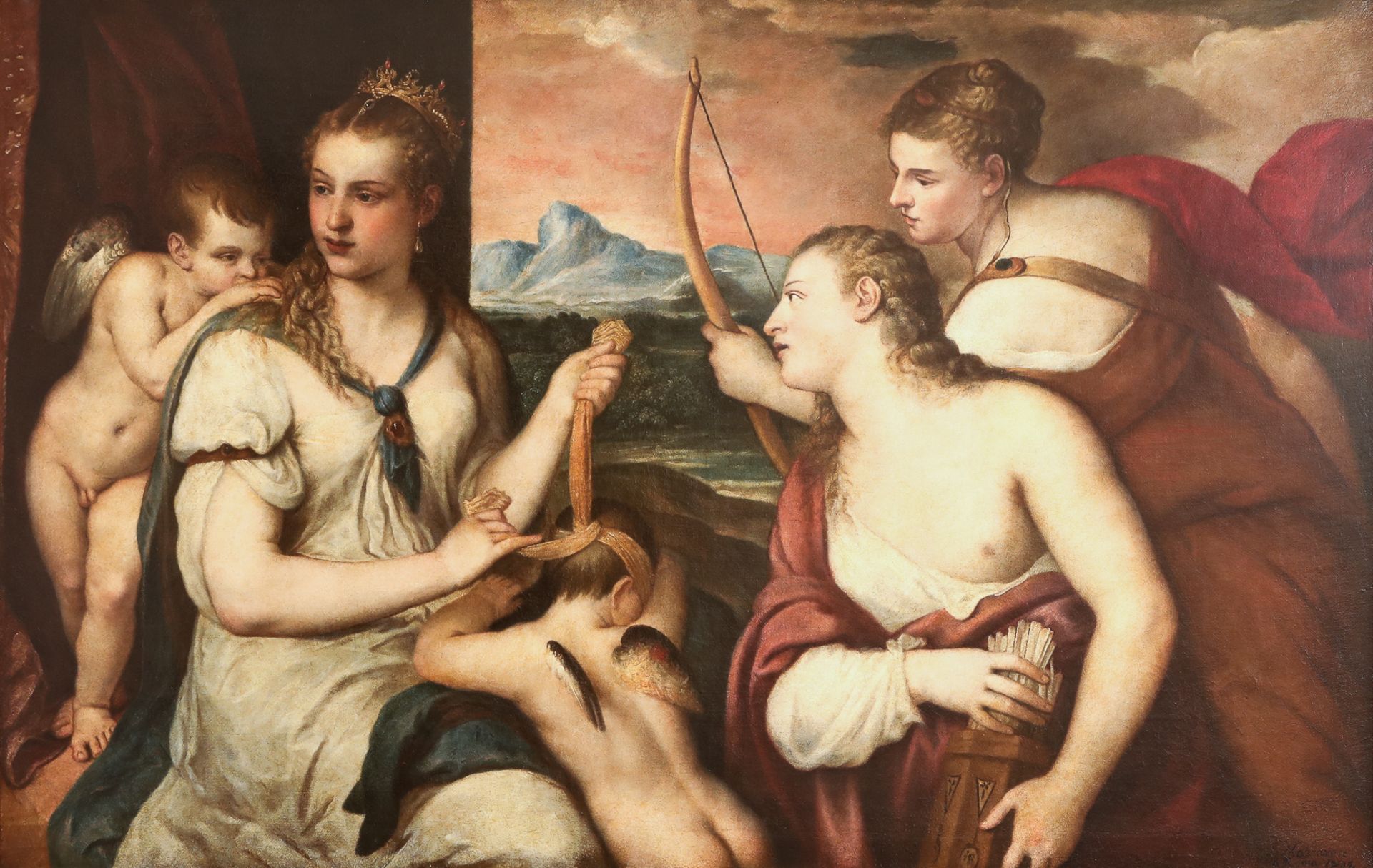 "Cupidon aux yeux bandés par Vénus" d'après le Titien Huile sur toile Fin 18 eme (datée de 1799) - Image 2 of 8