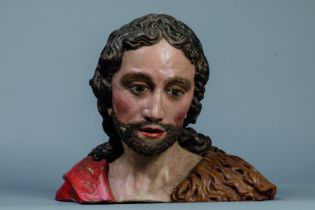 Buste de Jean Baptiste portant un vêtement de fourrure et de cuir Bois polychrome Italie 17 eme