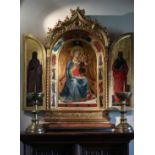 Grand triptyque florentin du milieu du 19 eme siècle représentant la Vierge et l'Enfant entourés des