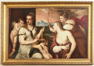 "Cupidon aux yeux bandés par Vénus" d'après le Titien Huile sur toile Fin 18 eme (datée de 1799)