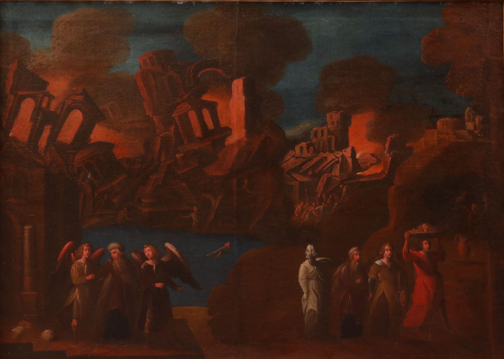 Une paire d'huile sur toile École espagnole, 17 eme siècle Lot et sa famille fuyant la destruction - Image 2 of 13