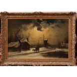 Cheval et chariot dans un paysage hollandais gelé éclairé par la lune Huile sur toile Niels H