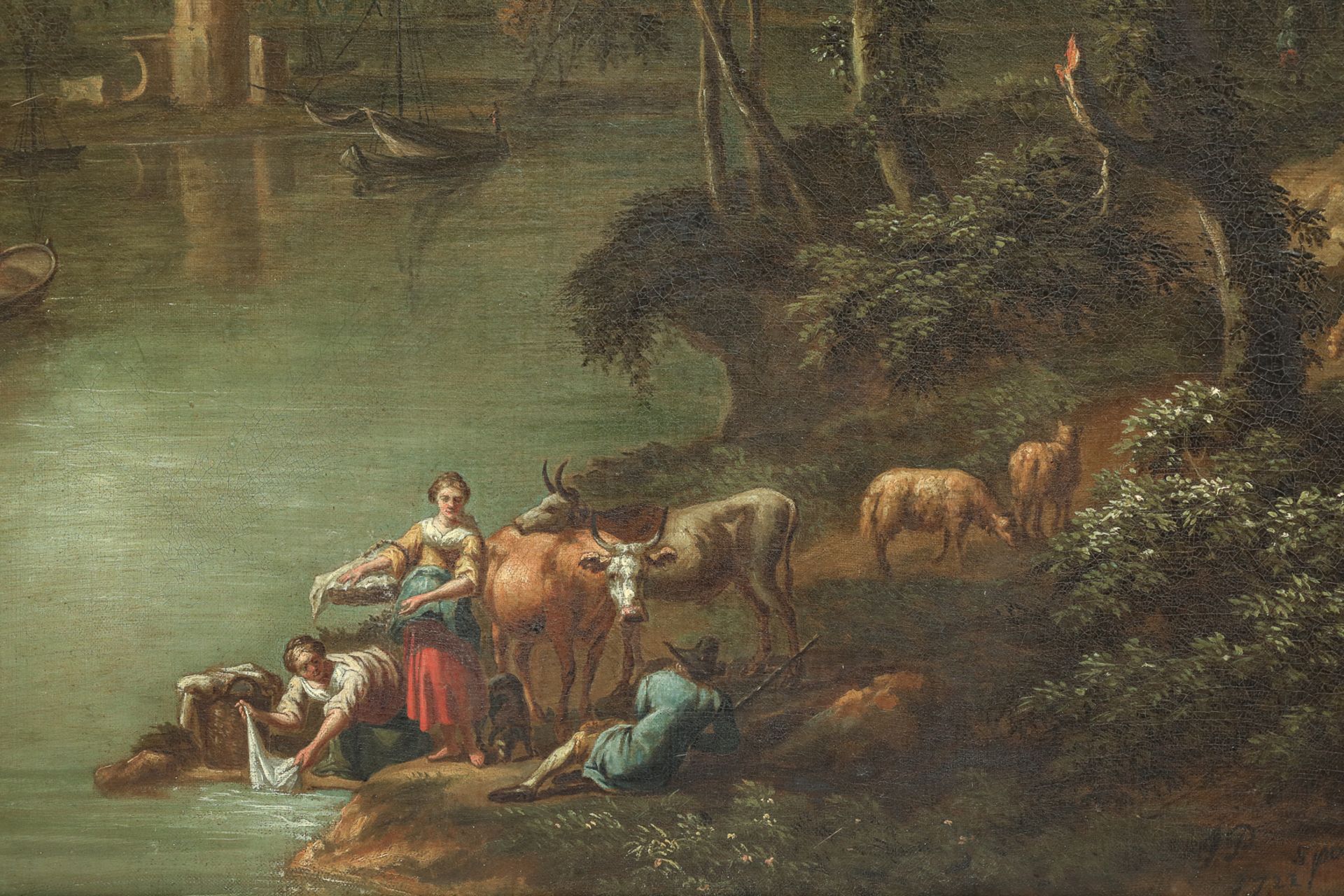 Paire de paysages flamands Huile sur toile 17 eme siècle Encadrement par Atiscuir 70x90cm et 90 - Bild 3 aus 12