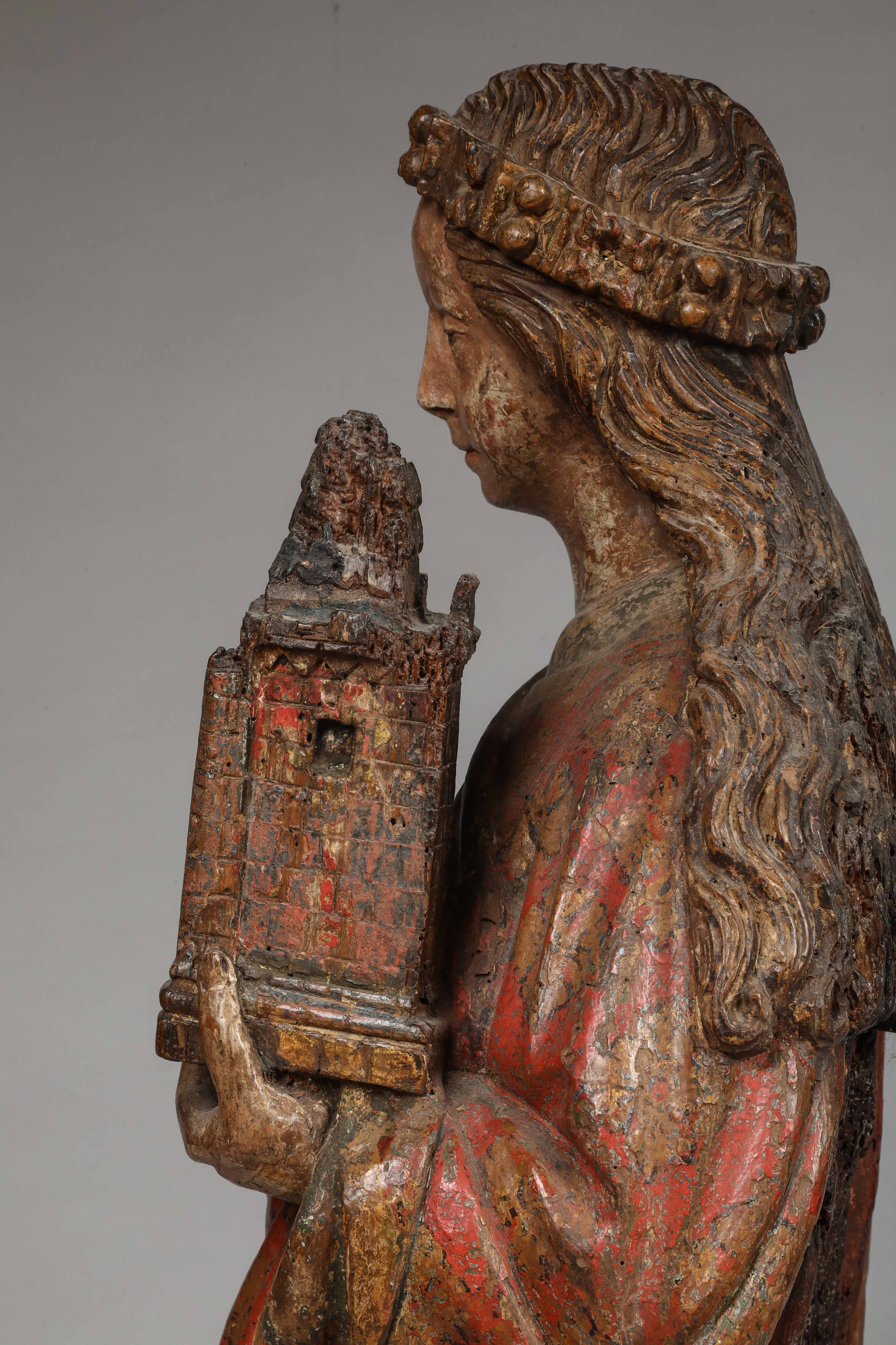 Sainte Barbe coiffée d'une longue chevelure maintenue par un bandeau ouvragé et retombant en larges - Image 3 of 8
