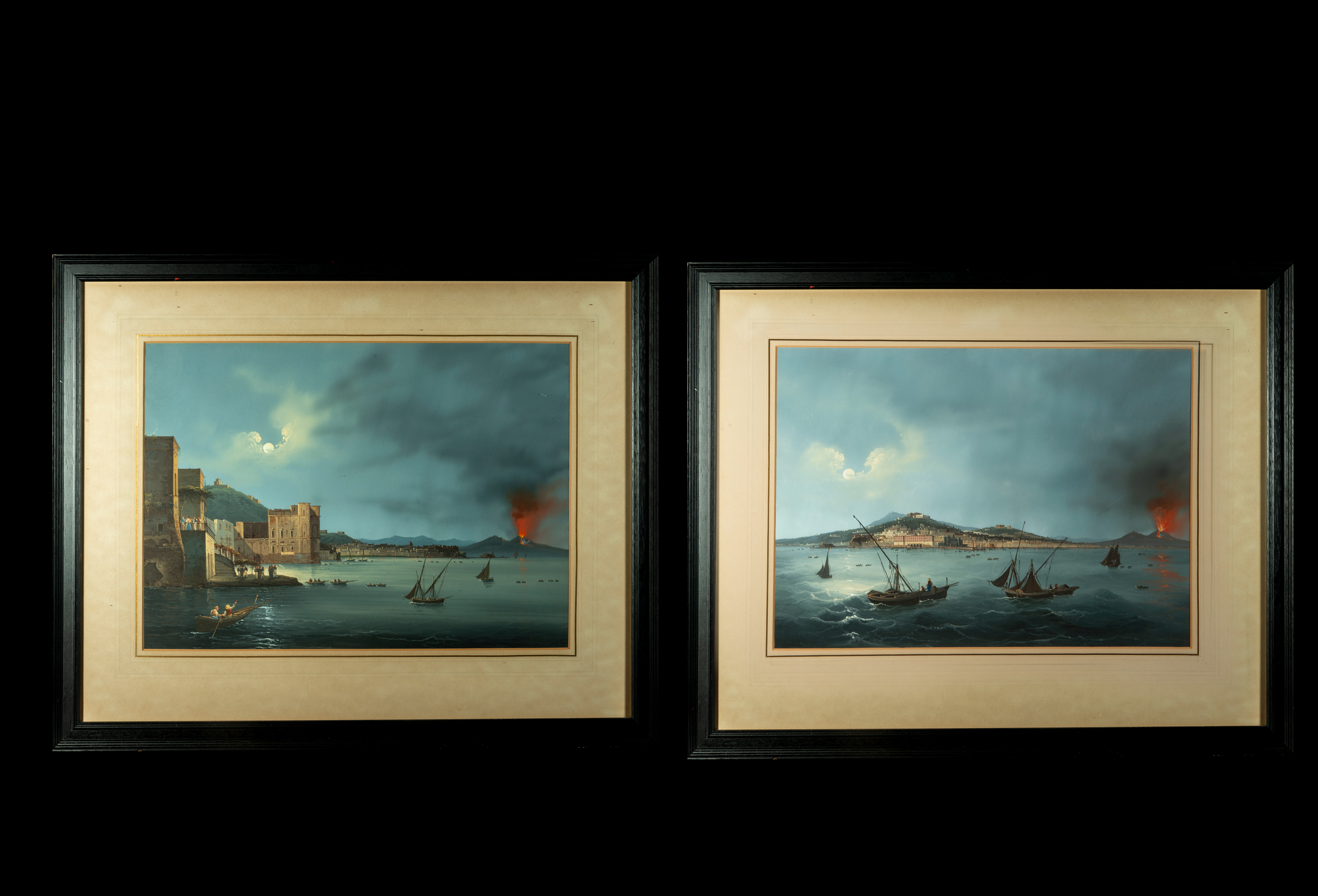Paire de peintures La baie de Naples avec le Vésuve surplombant la ville Gouache vernissé Vers