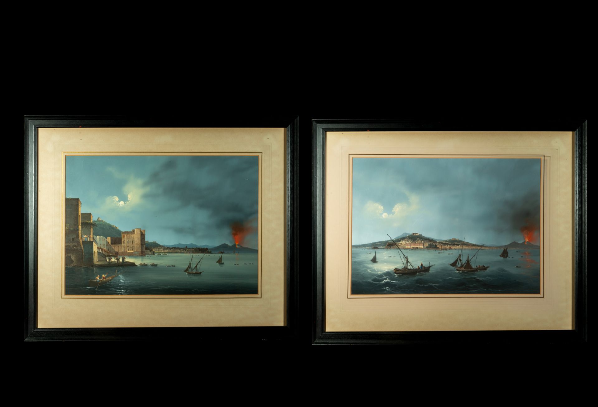 Paire de peintures La baie de Naples avec le Vésuve surplombant la ville Gouache vernissé Vers