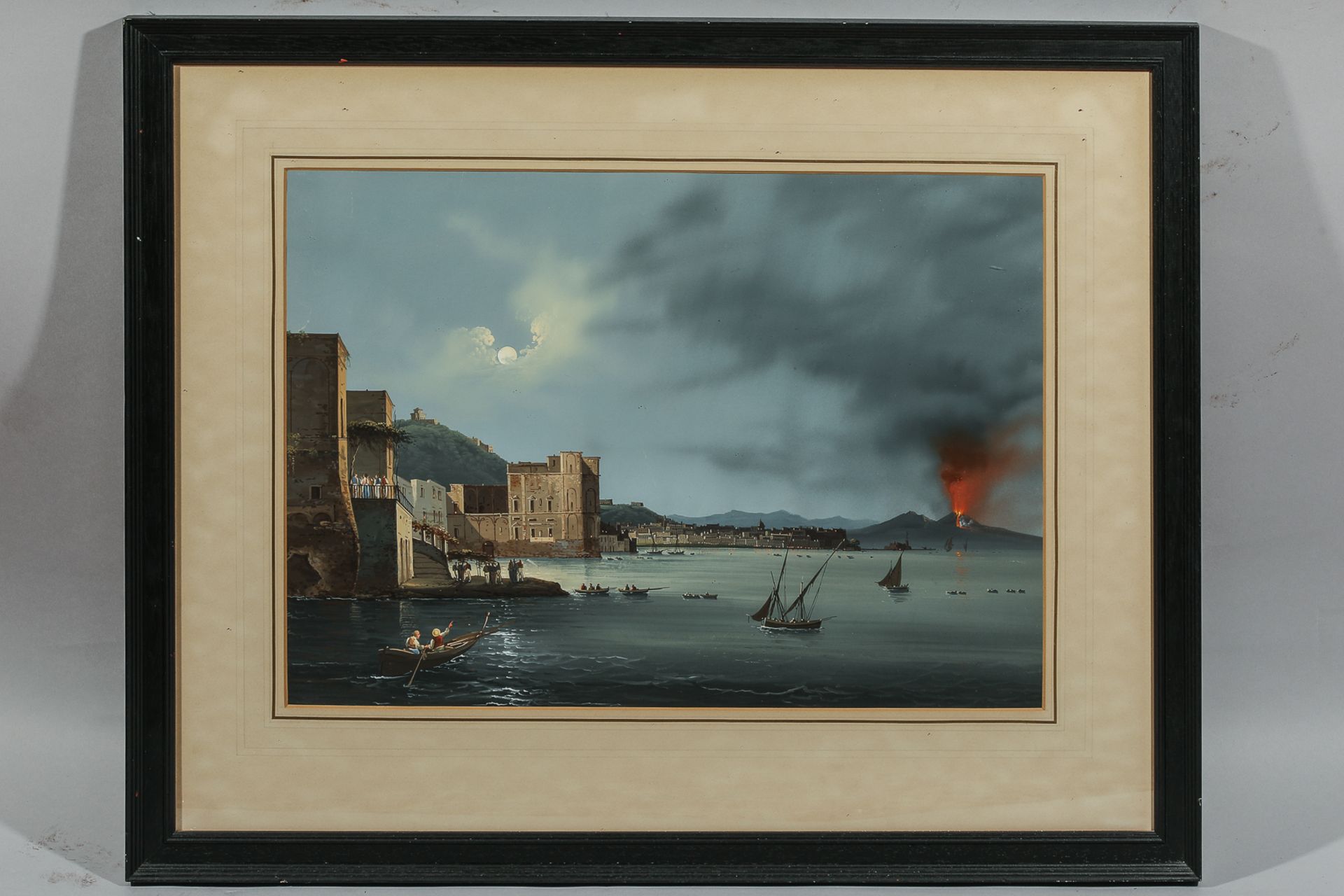Paire de peintures La baie de Naples avec le Vésuve surplombant la ville Gouache vernissé Vers - Bild 4 aus 5