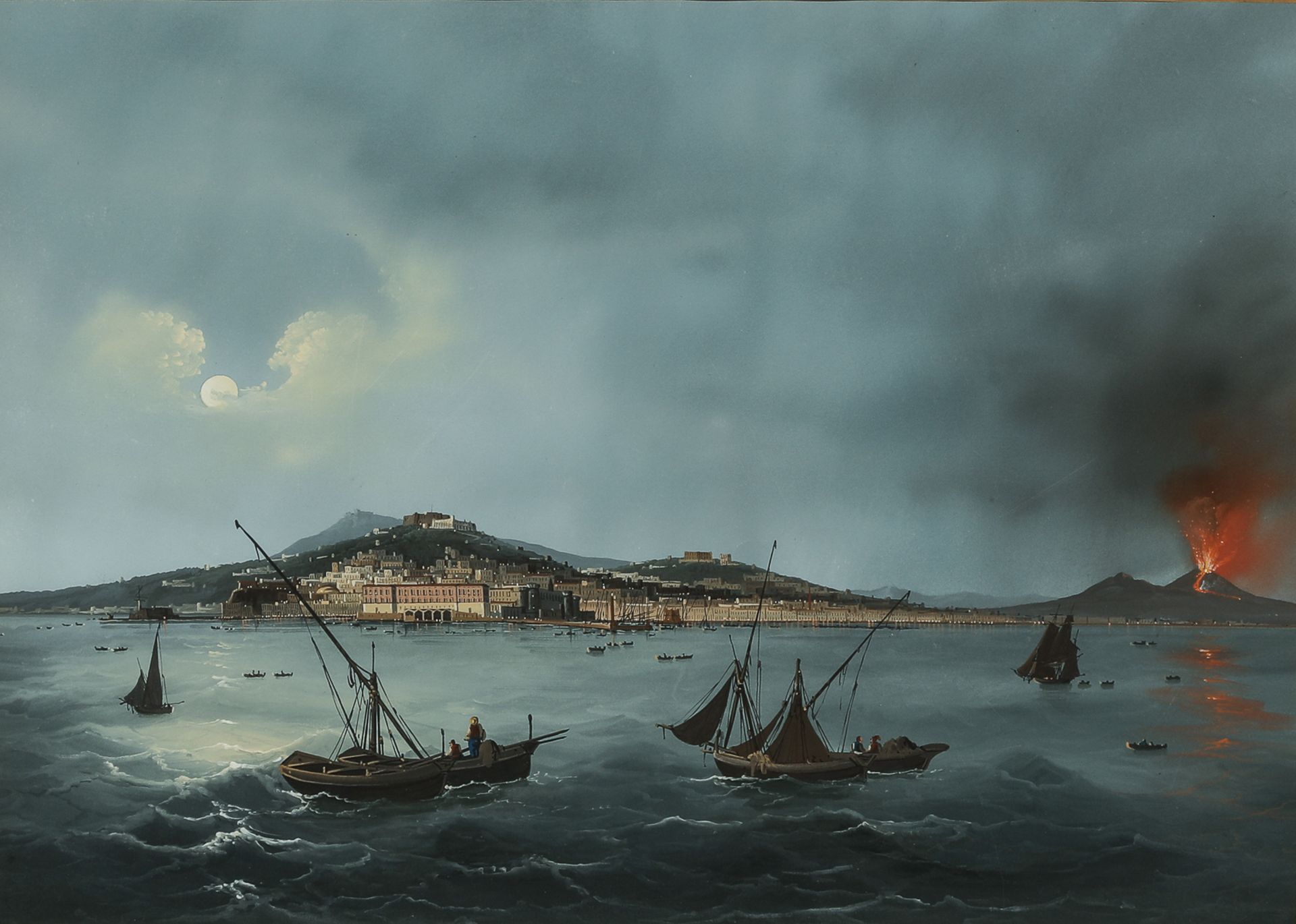 Paire de peintures La baie de Naples avec le Vésuve surplombant la ville Gouache vernissé Vers - Image 3 of 5