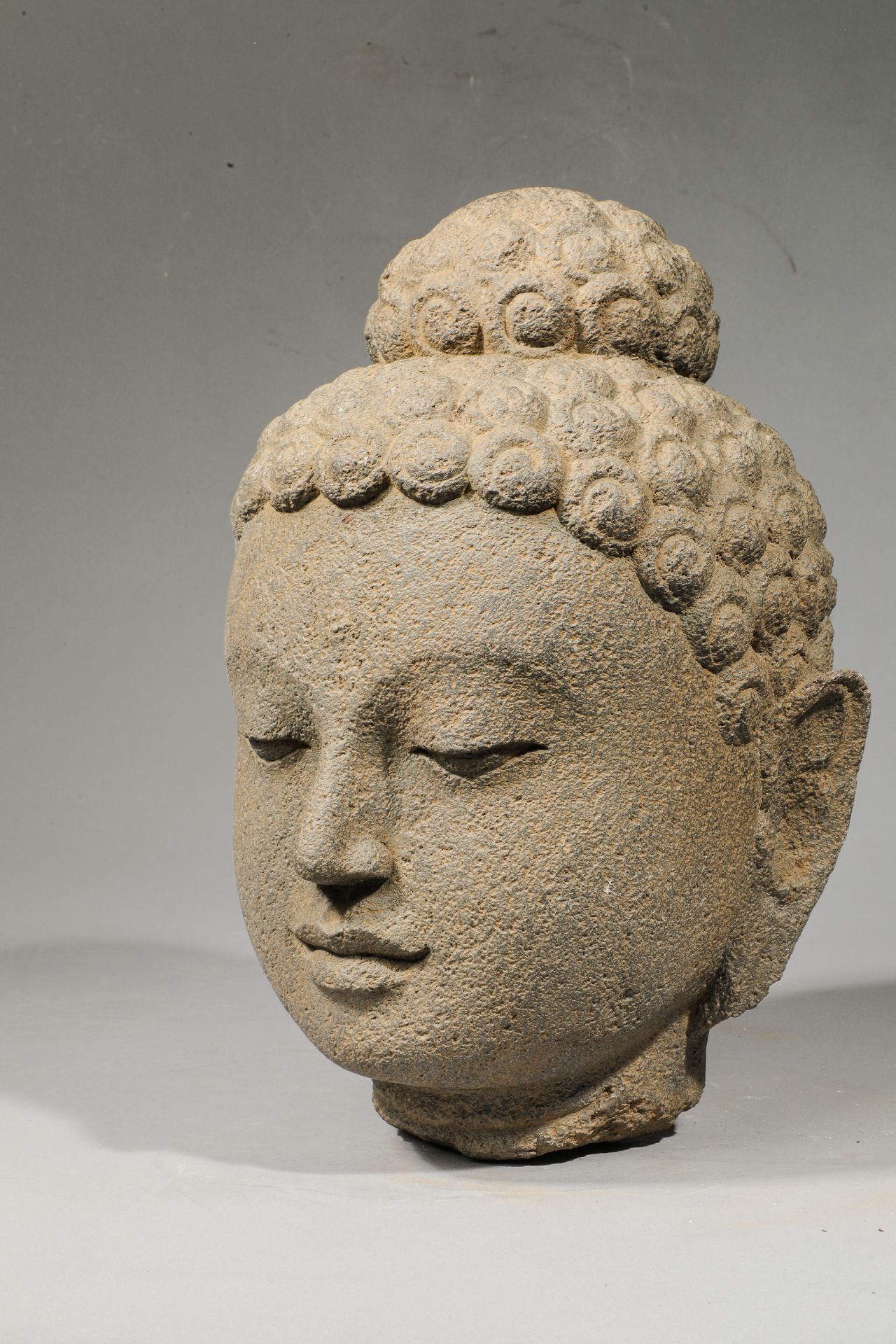 Tête de Buddha à l'expression sereine les yeux mi-clos , la coiffure à larges bouclettes surmontée - Bild 3 aus 5