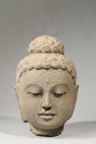 Tête de Buddha à l'expression sereine les yeux mi-clos , la coiffure à larges bouclettes surmontée