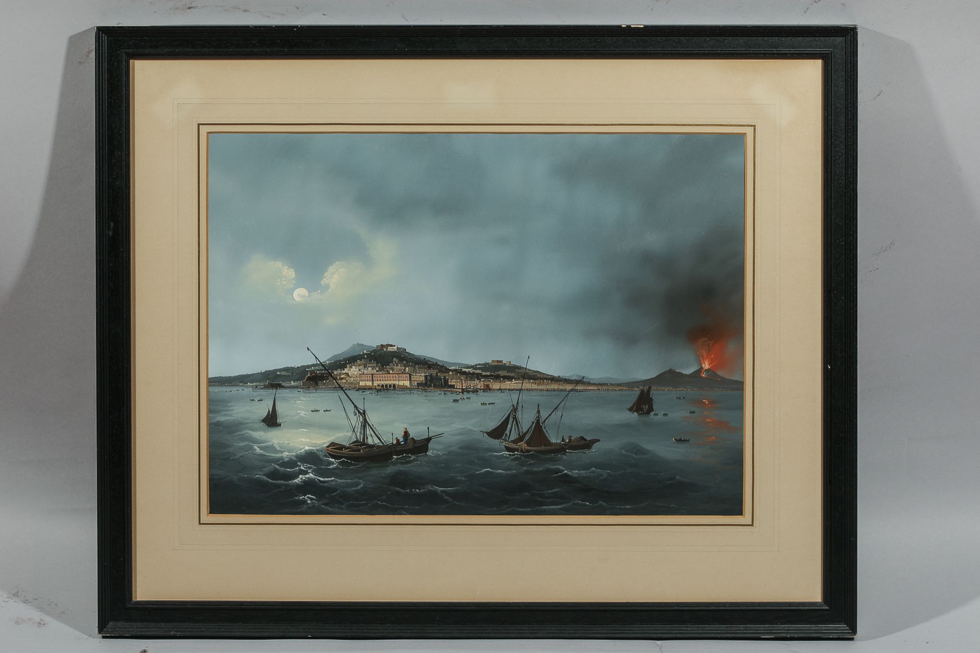 Paire de peintures La baie de Naples avec le Vésuve surplombant la ville Gouache vernissé Vers - Bild 2 aus 5