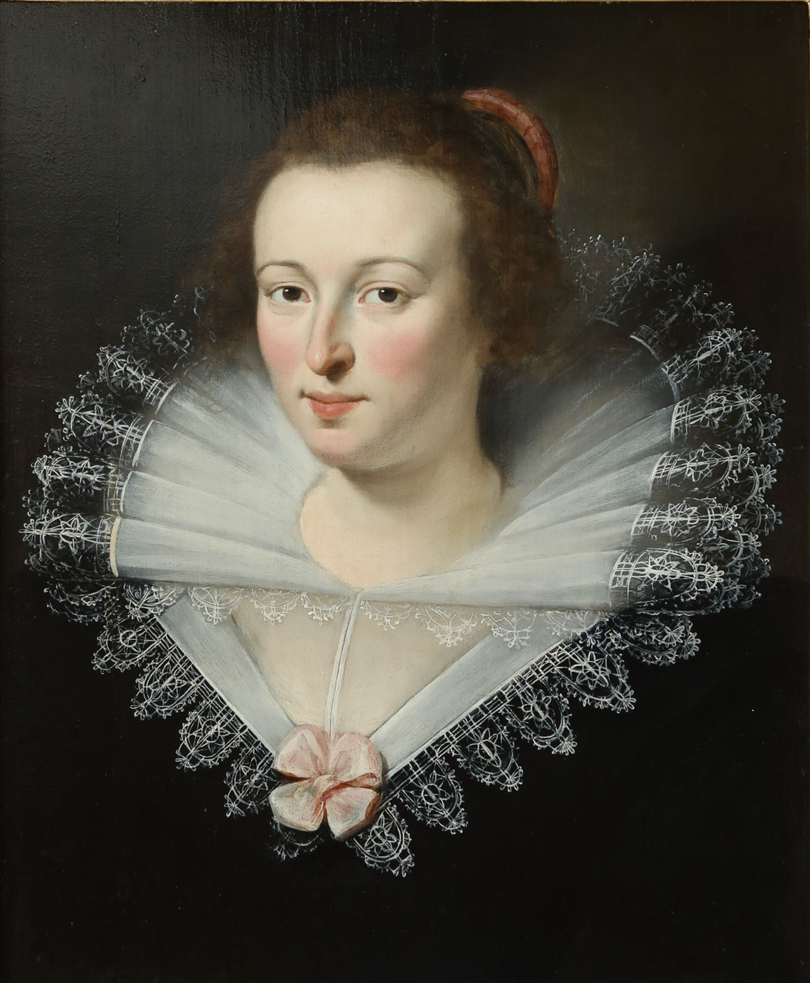 Portrait de jeune femme vêtue d'une collerette de dentelles Huile sur panneau de chêne 17 eme siècle - Image 2 of 3