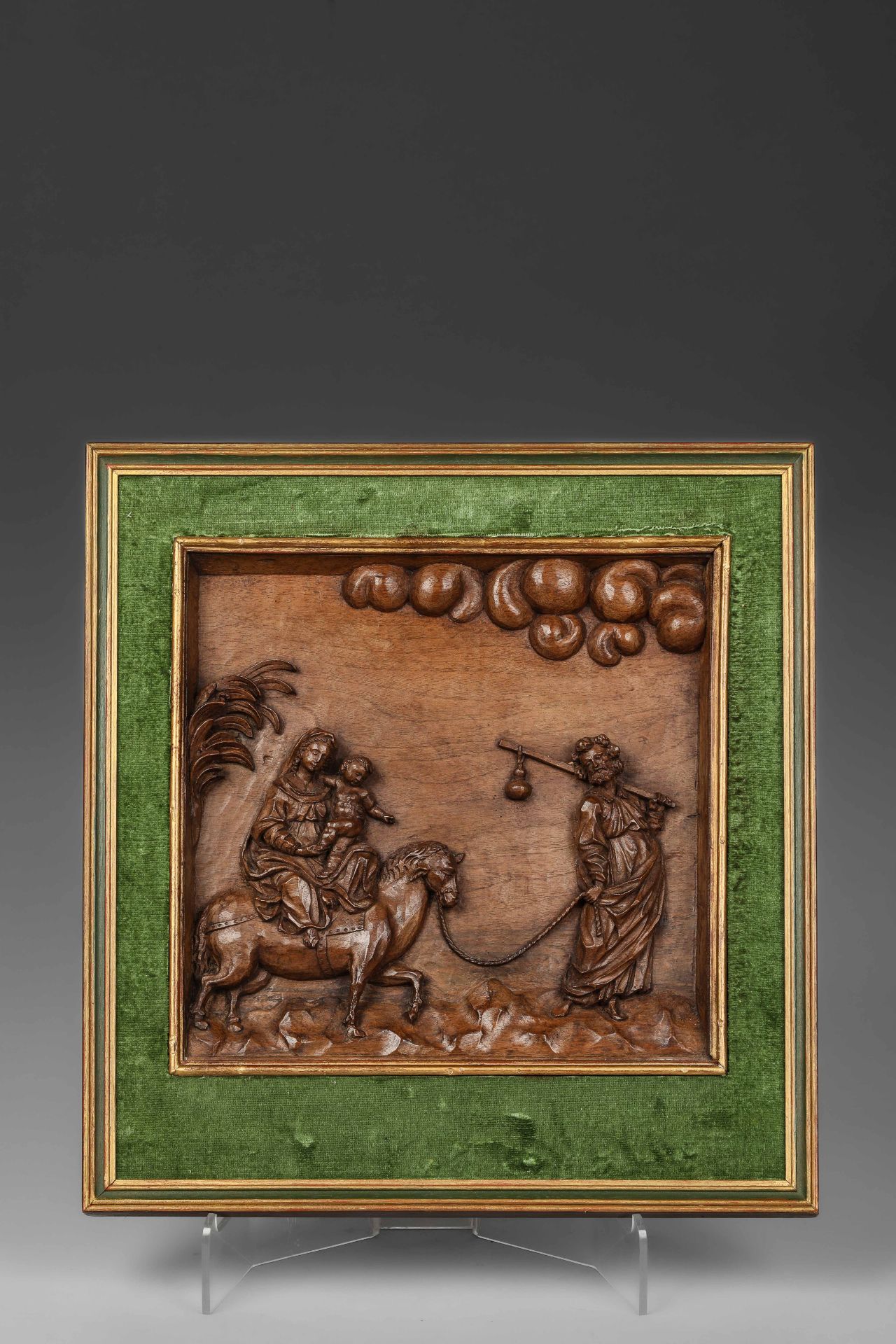 "La fuite en Egypte" illustrant Joseph conduisant Marie et Jésus montés sur un âne Panneau de