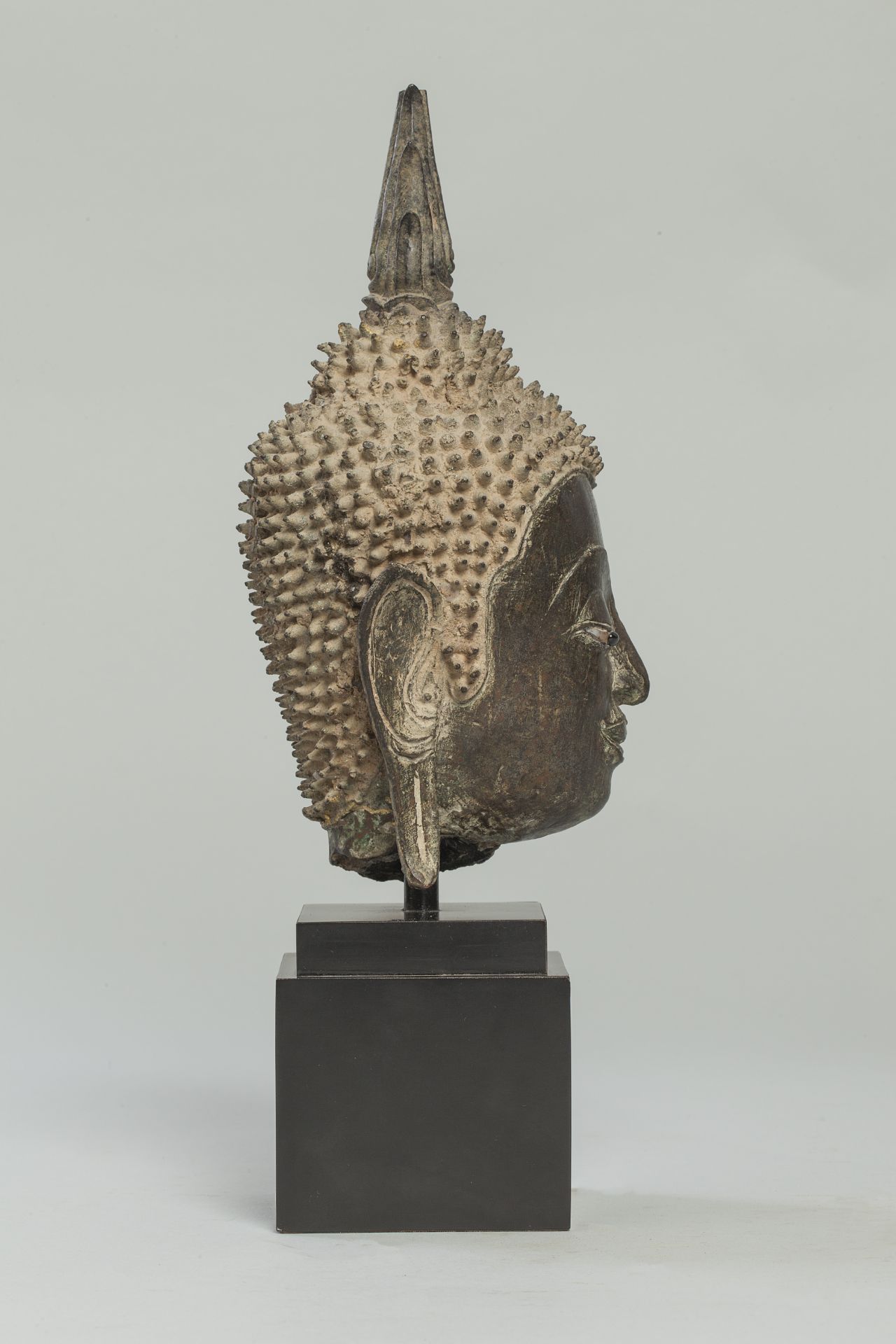 Tête de Buddha à l'expression sereine coiffée de fines bouclettes surmontée de la protubérance - Image 2 of 2