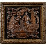 Paire de panneaux de bois sculptés illustrant deux scènes allégoriques 17 eme siècle Encadrés