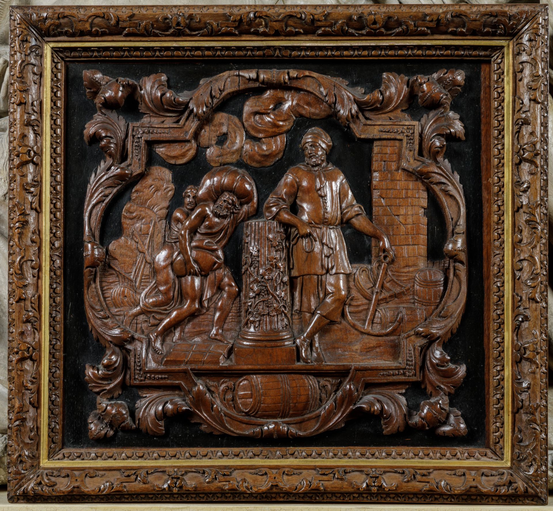 Paire de panneaux de bois sculptés illustrant deux scènes allégoriques 17 eme siècle Encadrés