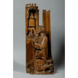 Sculpture représentant saint Jacques de Compostelle agenouillé aux côtés du Saint Graal Bois de