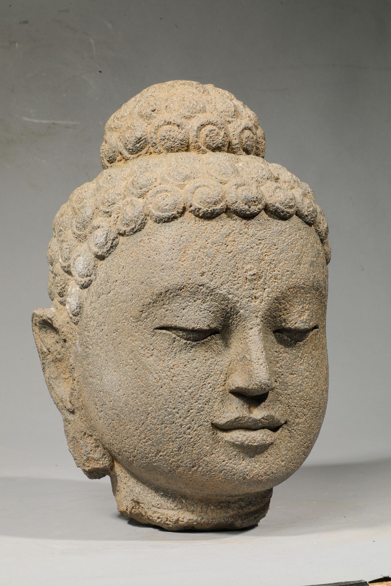 Tête de Buddha à l'expression sereine les yeux mi-clos , la coiffure à larges bouclettes surmontée - Bild 2 aus 5