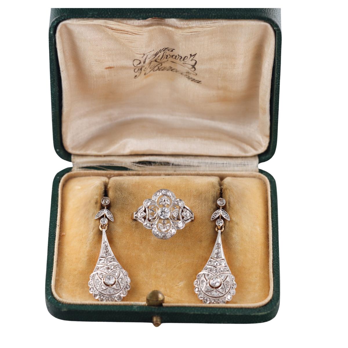 Antique 18k Gold Platinum Diamond Drop Earrings Ring Set