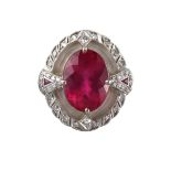 18k Gold Rubellite Diamond Frosted Crystal Ring