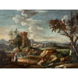 Italian school, XVIII century - River landscape with figures and turreted village