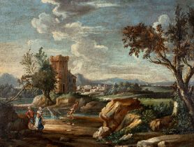Italian school, XVIII century - River landscape with figures and turreted village