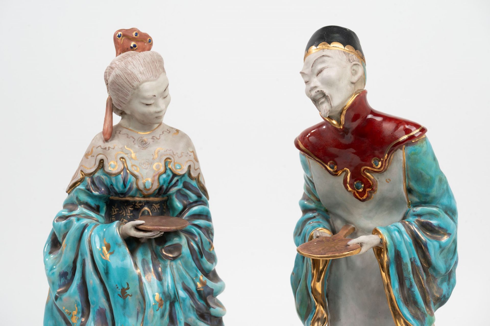 Two polychrome terracotta sculptures depicting an oriental couple, - Image 3 of 5