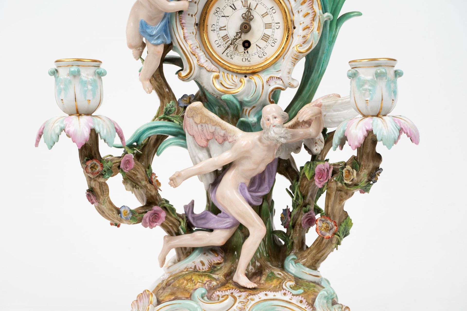 Polychrome porcelain table clock depicting the Truth revealed by Time, Meissen manufacture, 19th cen - Image 6 of 7