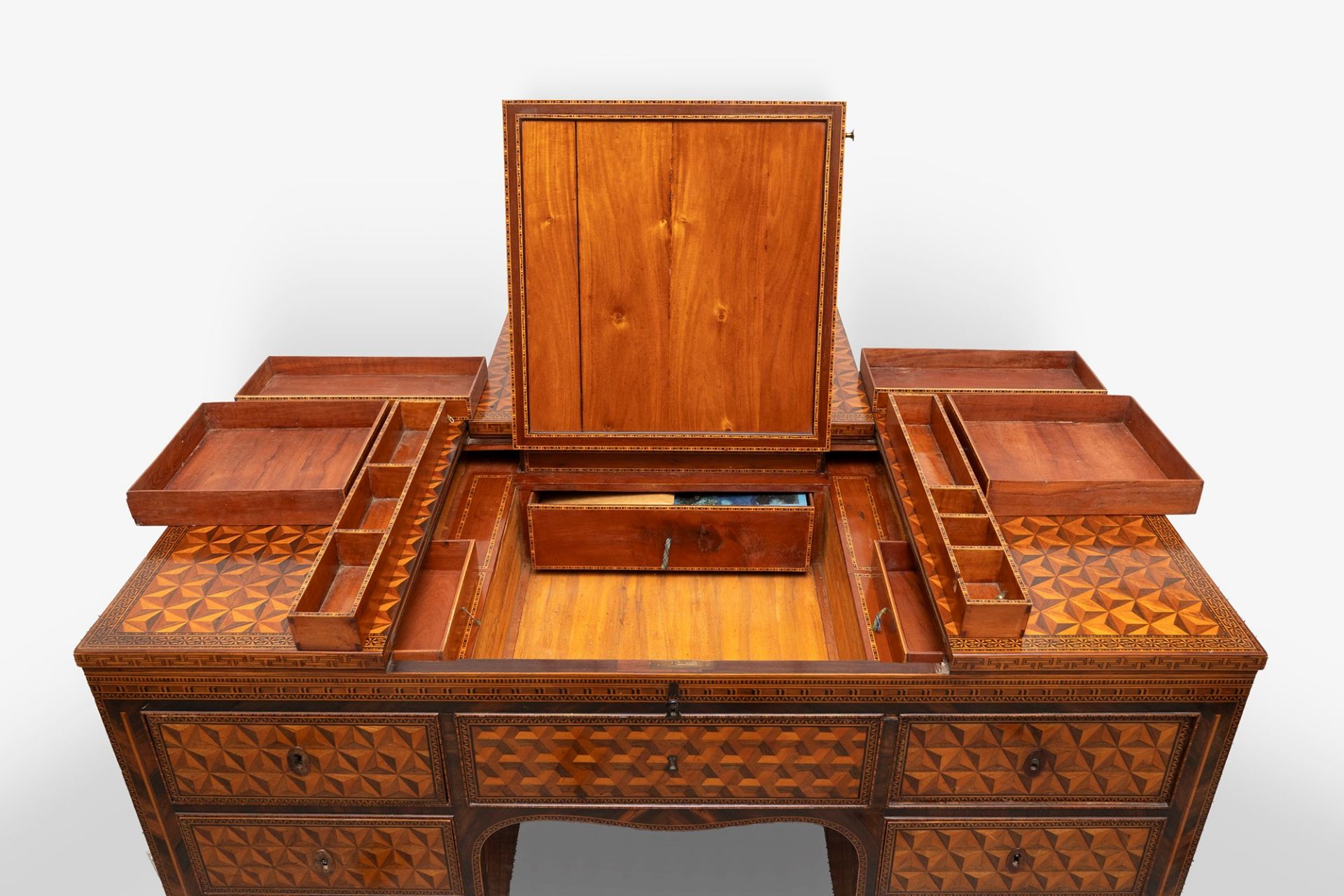 Exceptional Louis XVI center desk inlaid in various essences with geometric motifs, Northern Italy, - Image 14 of 22