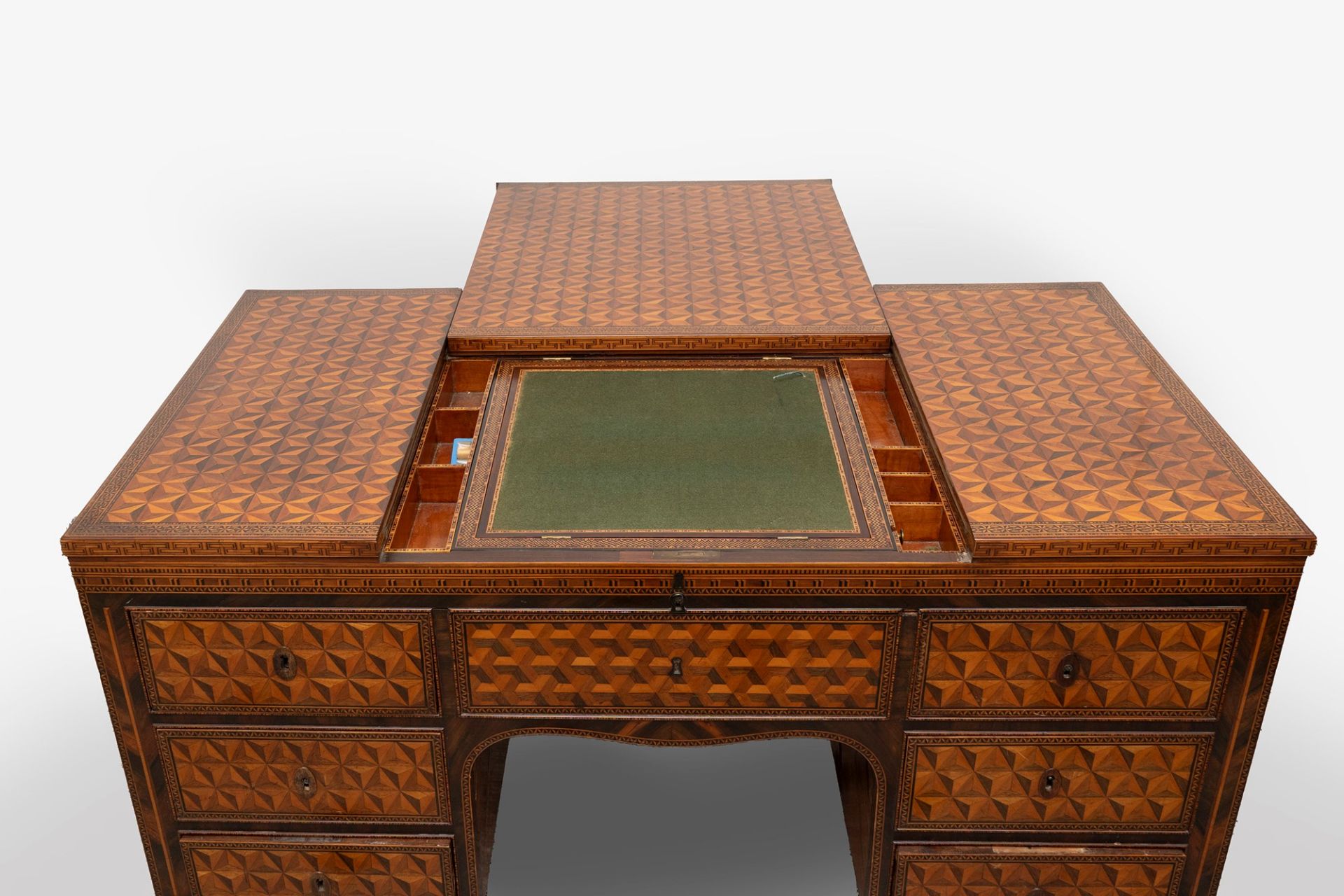 Exceptional Louis XVI center desk inlaid in various essences with geometric motifs, Northern Italy, - Image 3 of 22