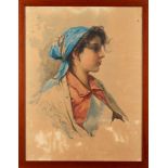 Italian school, beginning XX century - Portrait of a young commoner with a blue tissue on her head