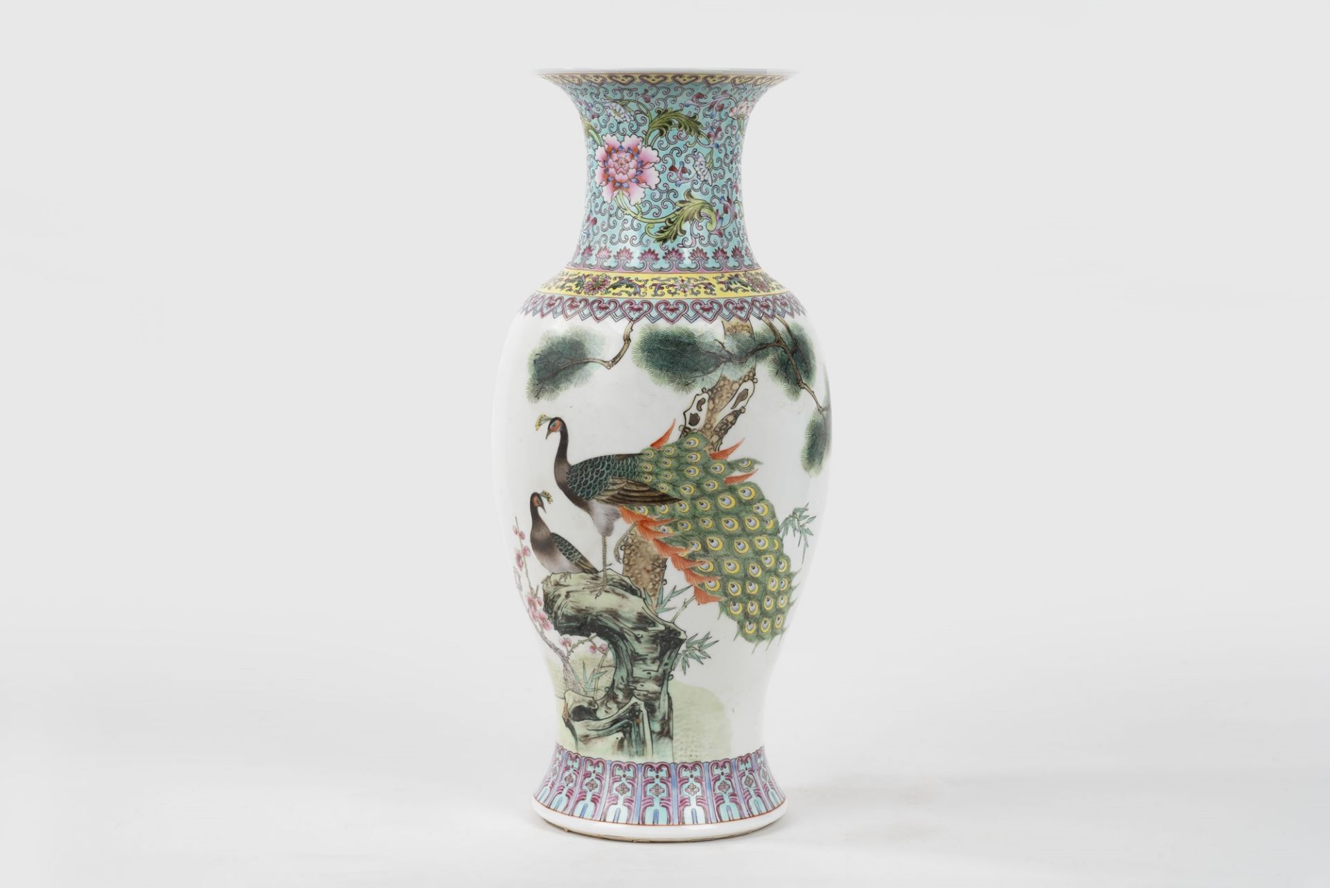 Polychrome porcelain vase with two peacocks on the body, China, 20th century