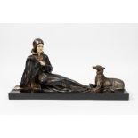 Antimony sculpture depicting a young woman with a greyhound, early 20th century