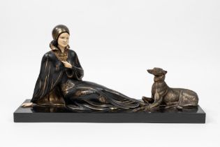 Antimony sculpture depicting a young woman with a greyhound, early 20th century