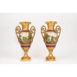 Pair of polychrome porcelain and gold vases, 19th century
