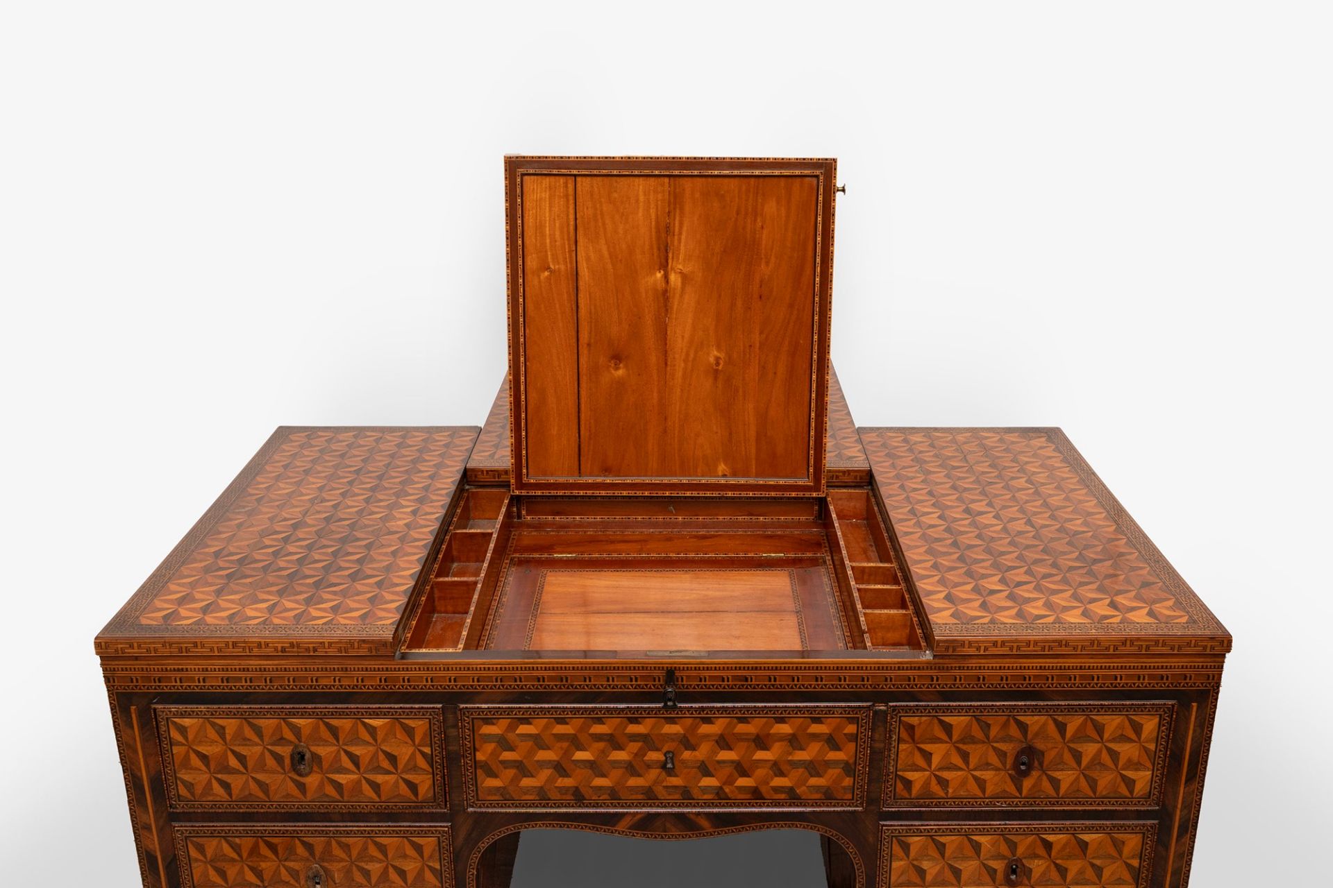 Exceptional Louis XVI center desk inlaid in various essences with geometric motifs, Northern Italy, - Image 6 of 22