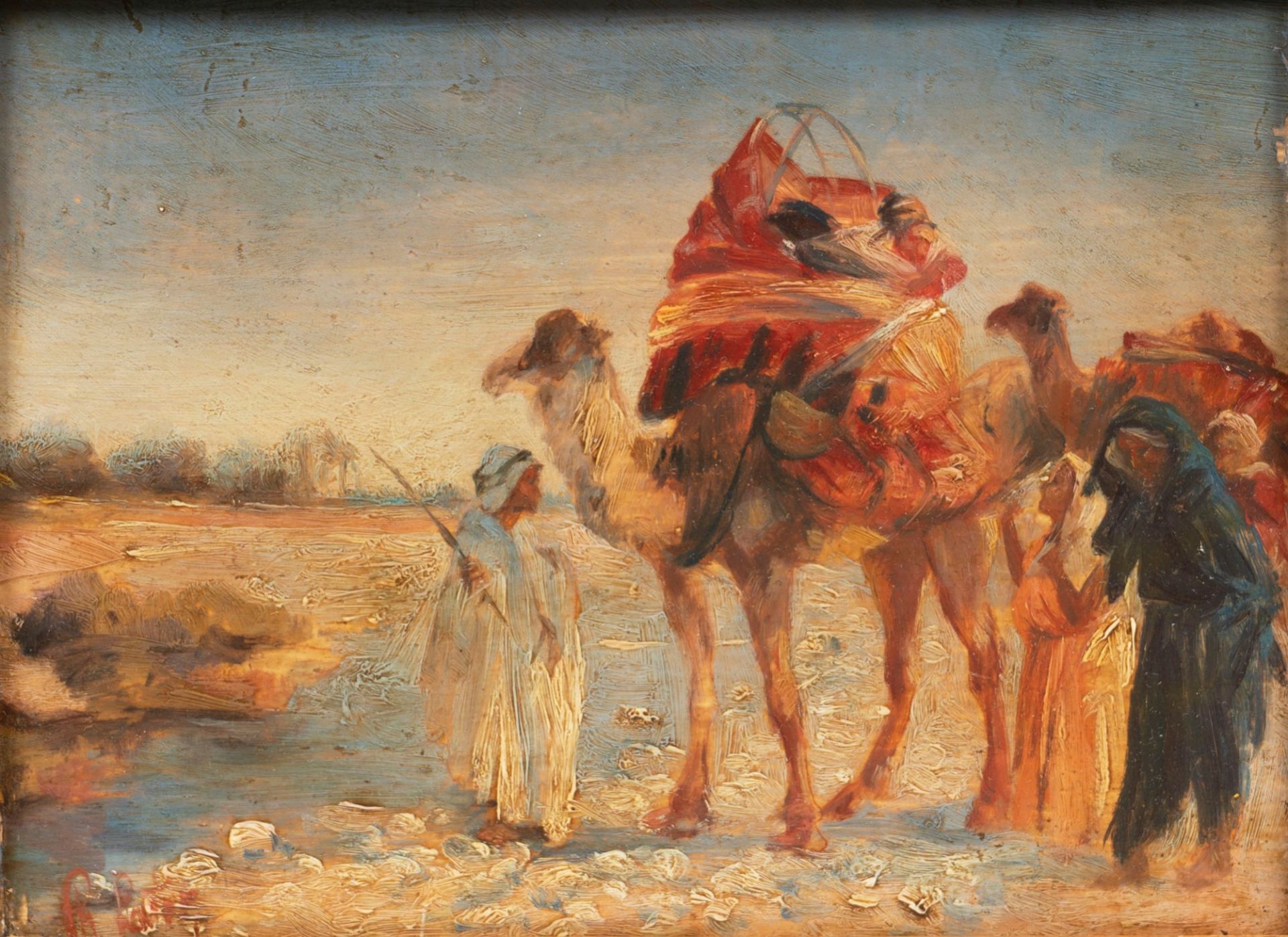 European school end of XIX century - Orientalist landscape with Bedouins and camels