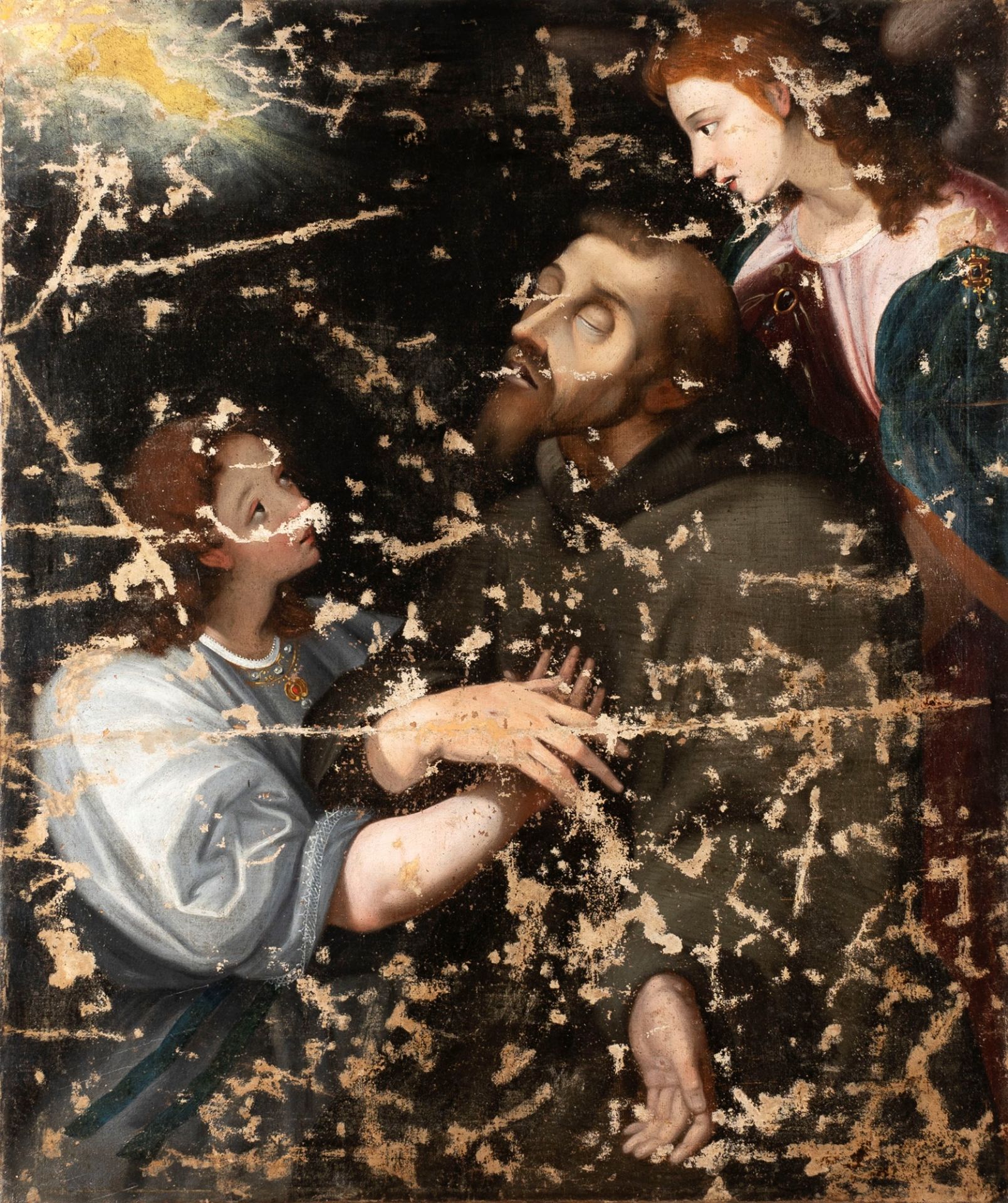 Roman school, XVII century - Saint Francis comforted by angels