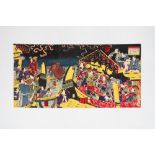 Lot consisting of a triptych of woodcuts depicting courtesans on a boat, Japan, Meiji period