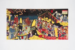 Lot consisting of a triptych of woodcuts depicting courtesans on a boat, Japan, Meiji period