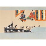 Three paintings depicting samurai scenes, Tosa School, 18th century Japan